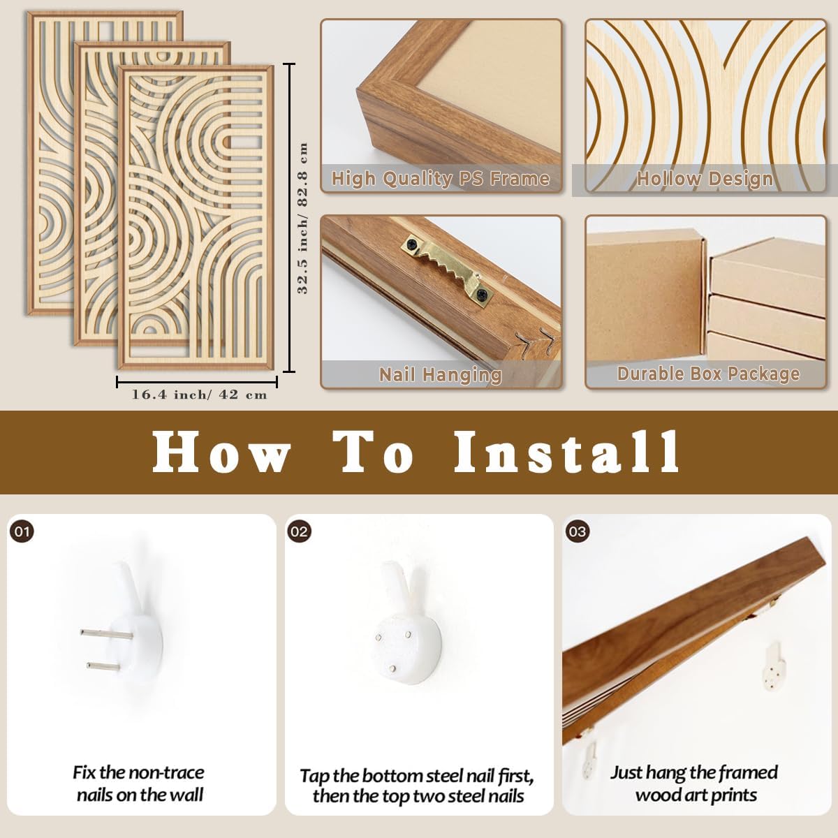 IARTTOP Large Boho Wood Wall Art Set of 3 Framed Wooden Mid-century Modern Wall Decor Minimalist Modern Abstract Geometric Decor for Living Room Bedroom Office-16x32 Inch