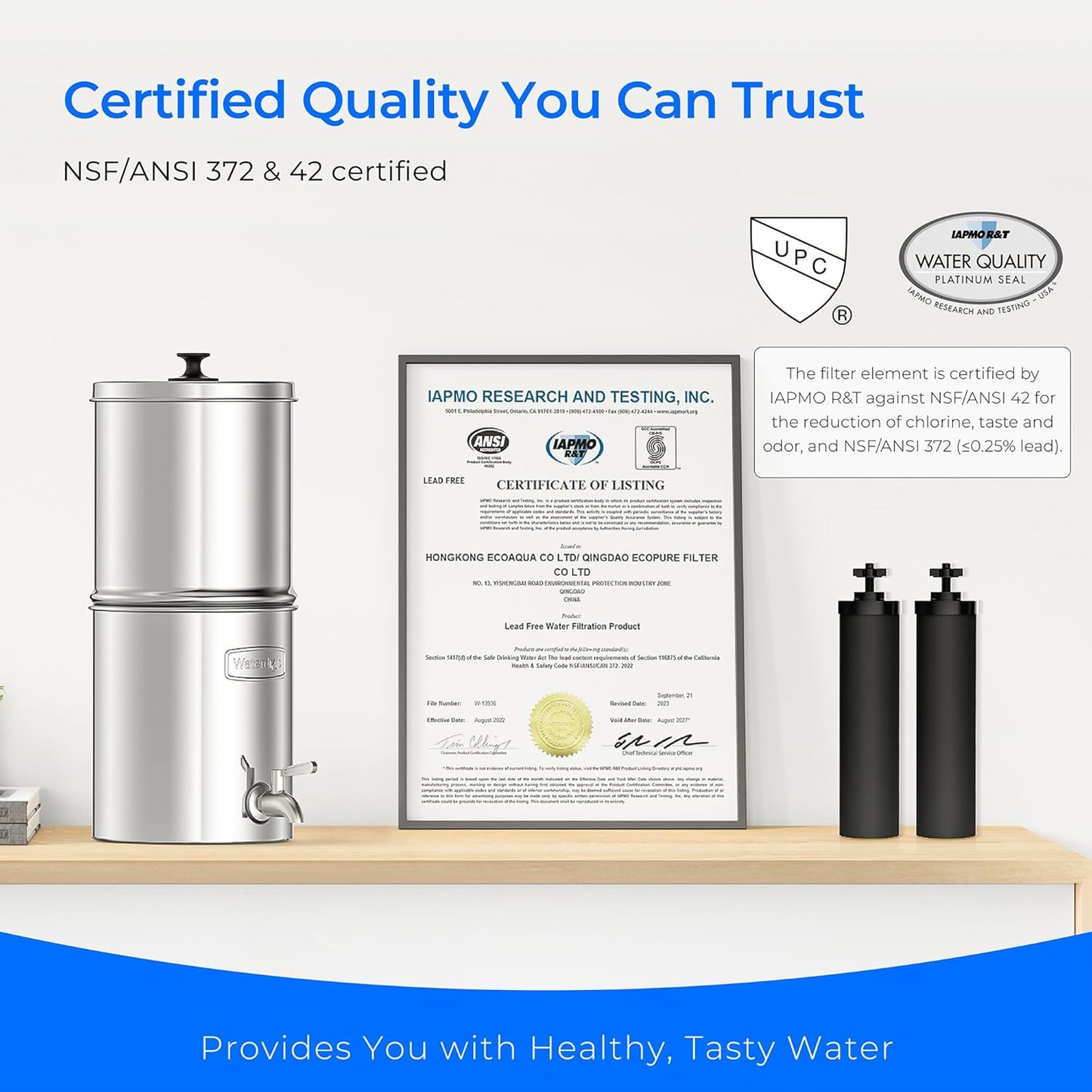 Waterdrop 2.25G Gravity-fed Water Filter System, with Silver Ions Enhanced Filtration with 2 Black Carbon Filters and Metal Spigot