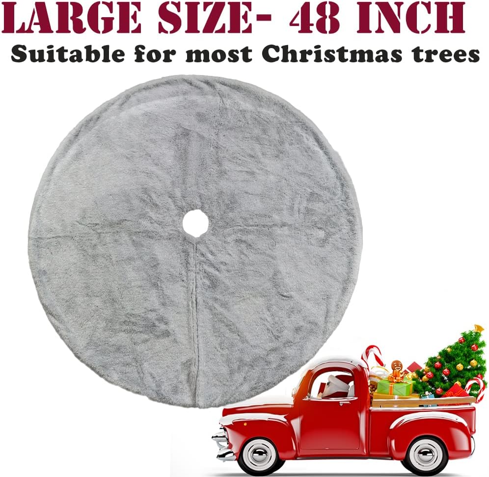 AISENO 48 Inch Christmas Tree Skirt Faux Fur Grey Bright Silk Shiny Decoration for Christmas Tree Plush Merry Christmas Decorations Decor