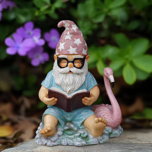 Gnome Statue Garden Decor, Resin Gnome and Flamingo Figurines Outdoor Decorations for Yard Art Porch Lawn Ornaments, Unique Housewarming Gifts