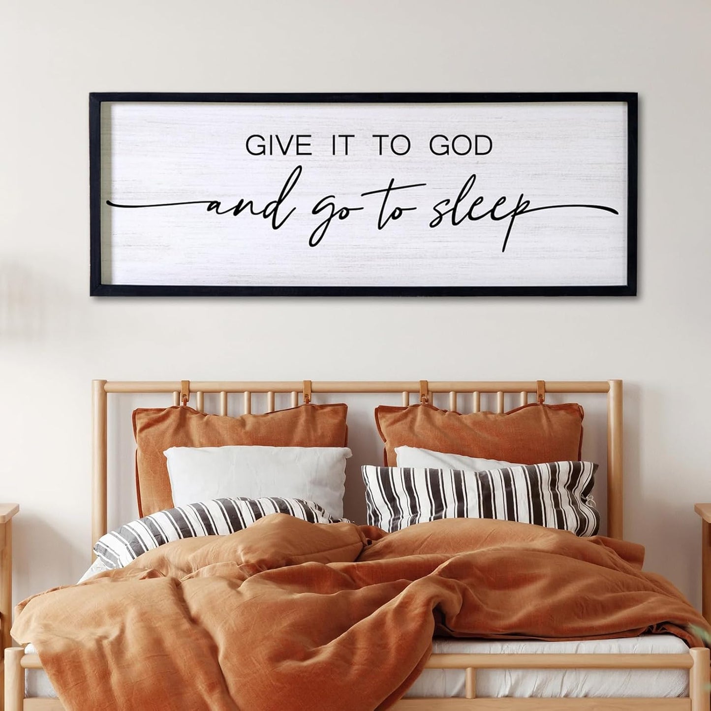 Give It to God and Go to Sleep Decorative Rustic Sign & Plaque Framed Wall Art for Couples, 40''×15'' Cottagecore Wooden Horizontal Wall Decor Above Bed, Vintage Farmhouse Wedding Gift for Bedroom