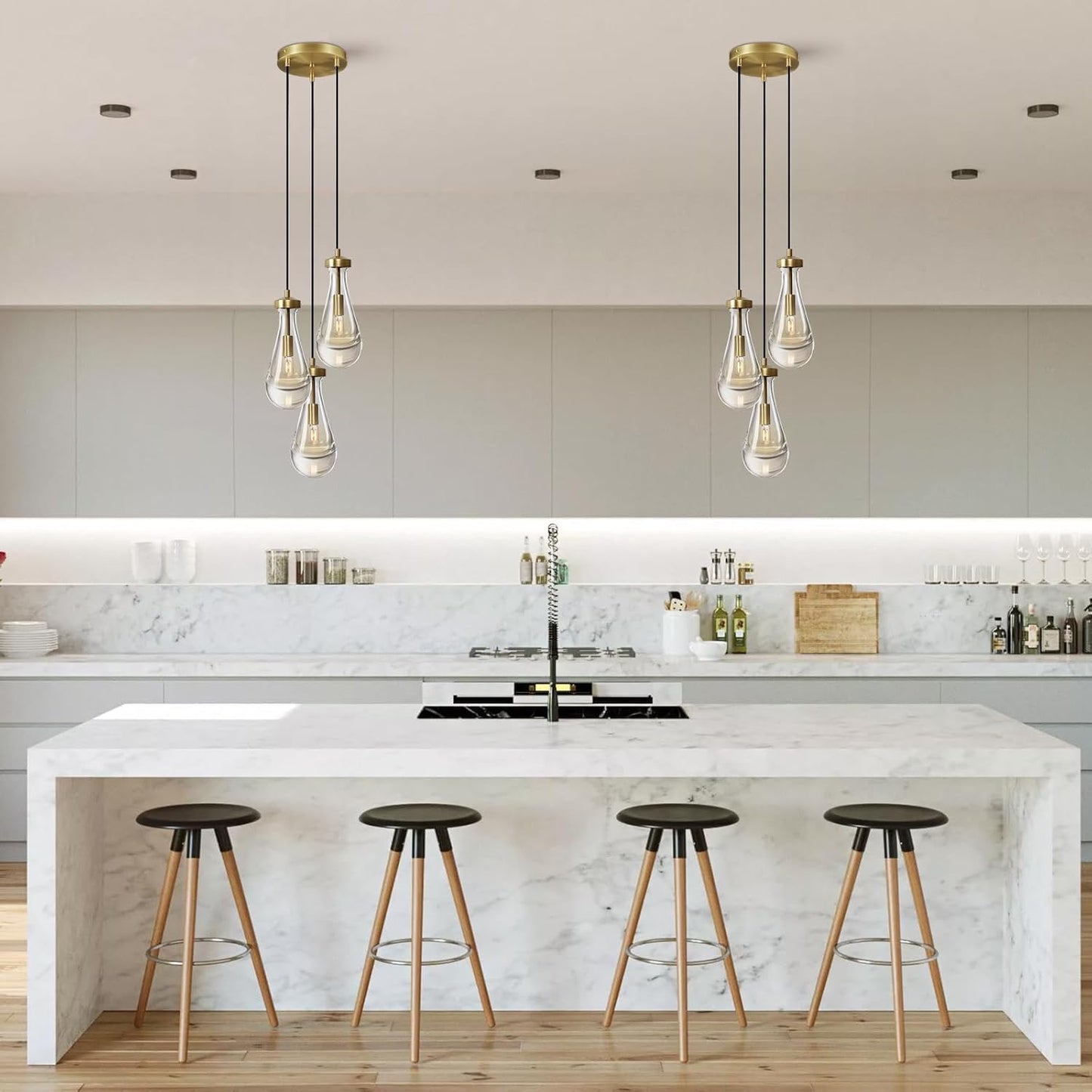 Brass 3 Light Pendant Lighting for Kitchen Island, Raindrop Cluster Pendant Light Fixture, Adjustable Hanging Rope Glass Chandelier Dining Room Light Fixture Ceiling Lamp for Foyer Hallway