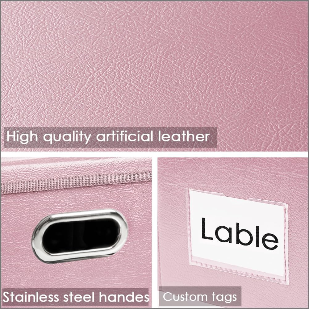 PRANDOM Large Stackable Storage Bins with Lids [3-Pack] Leather Fabric Foldable Storage Boxes Organizer Containers Baskets Cube with Cover for Bedroom Closet Office Nursery Pink (17.7x11.8x11.8)