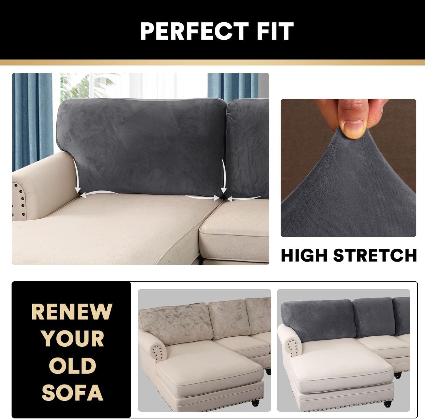 PrinceDeco Sectional Couch Covers Velvet Cushion Covers for Sectional Couch Cushion Covers for Sectional Sofa Separate Sectional Sofa Slipcovers Washable(1 Chaise Back+ 2 Sofa Back,Grey)