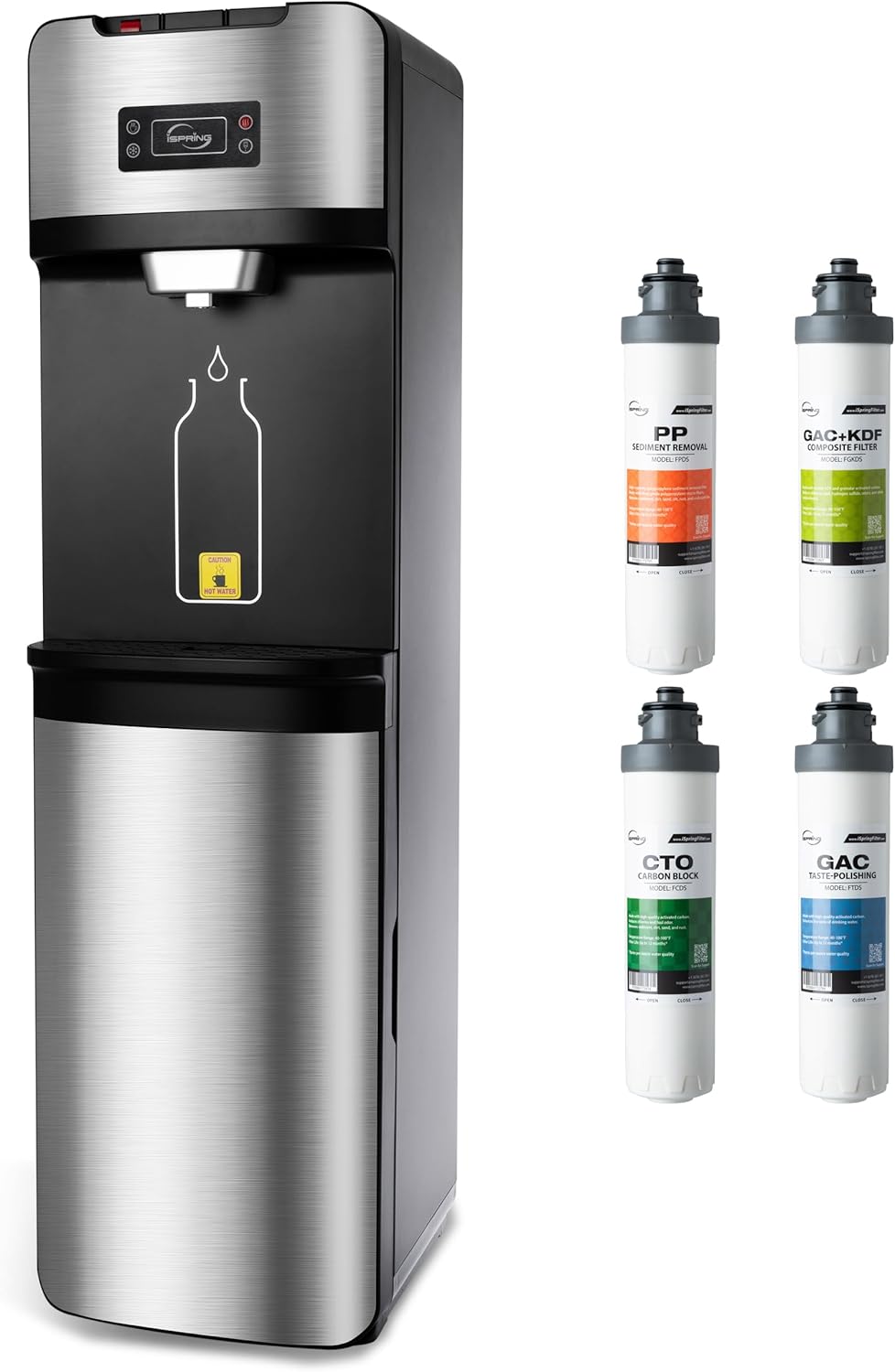 iSpring Bottleless Water Dispenser with Built-in 4-Stage Filtration, Hot/Cold/Room Temp, Self Cleaning, Stainless Steel, Model: DS4S