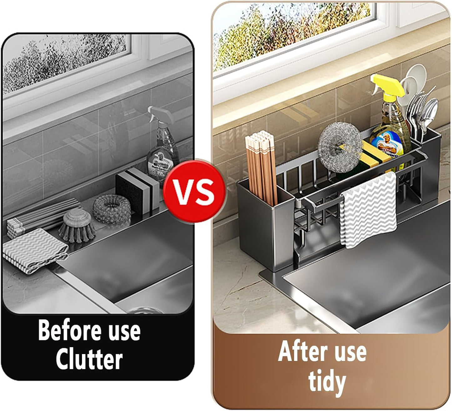 Utensil Holder, 3 Compartments Utensil Drying Rack, Dish Drainer for Kitchen Counter,Kitchen Utensils Holder with Towel Bar,Self-Draining Tray Design(Black)