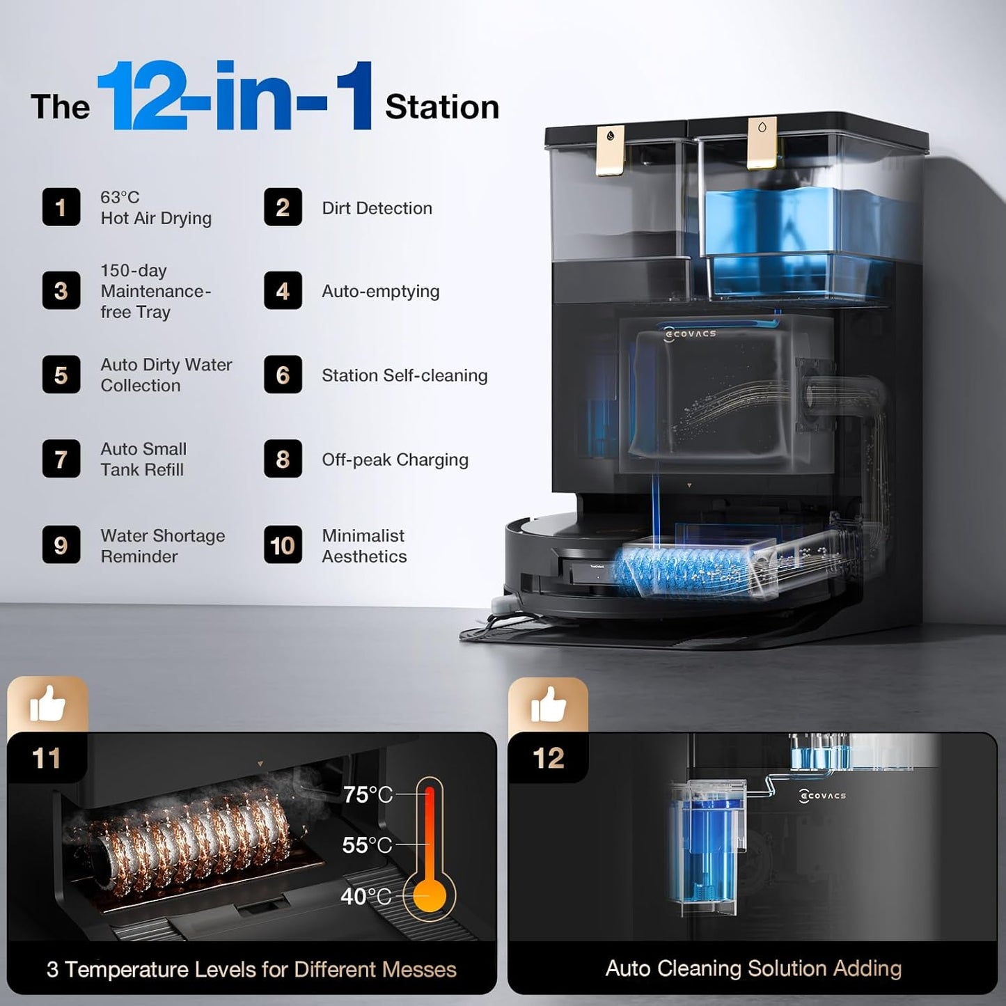 ECOVACS DEEBOT X8 PRO OMNI Robot Vacuum and Mop, 18000Pa, OZMO ROLLER Instant Self-Washing Mopping, 167℉ Hot Water Mop Washing, Auto Cleaning Solution Adding, Hot Air-Drying, Self-Emptying, Black