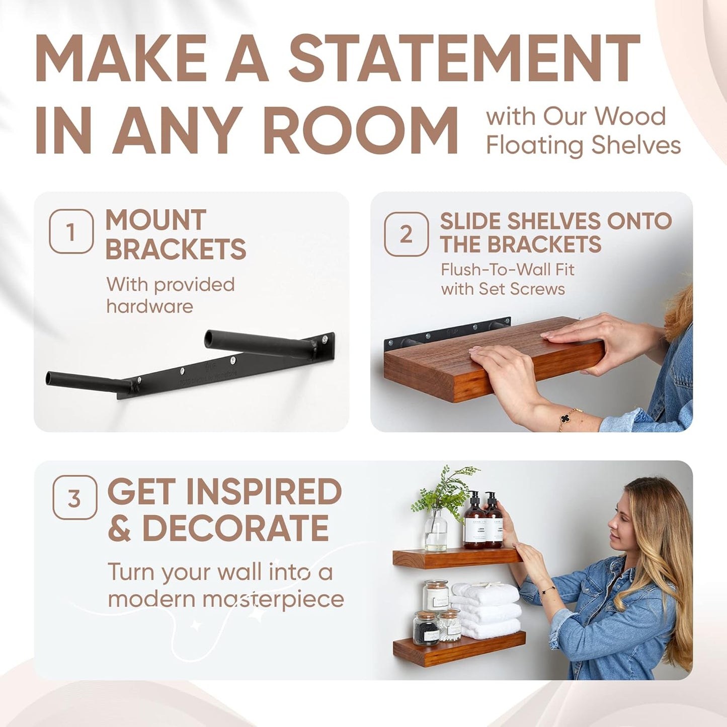 Homeforia 12 inch Oak Floating Shelf, High End Solid Real Wood 12inch Small Floating Shelves for Wall Mounted, Honey Oak Wooden 12in Floating Shelves, Heavy Duty Bracket, 12 X 6.5 X 1.75 in, Set of 4