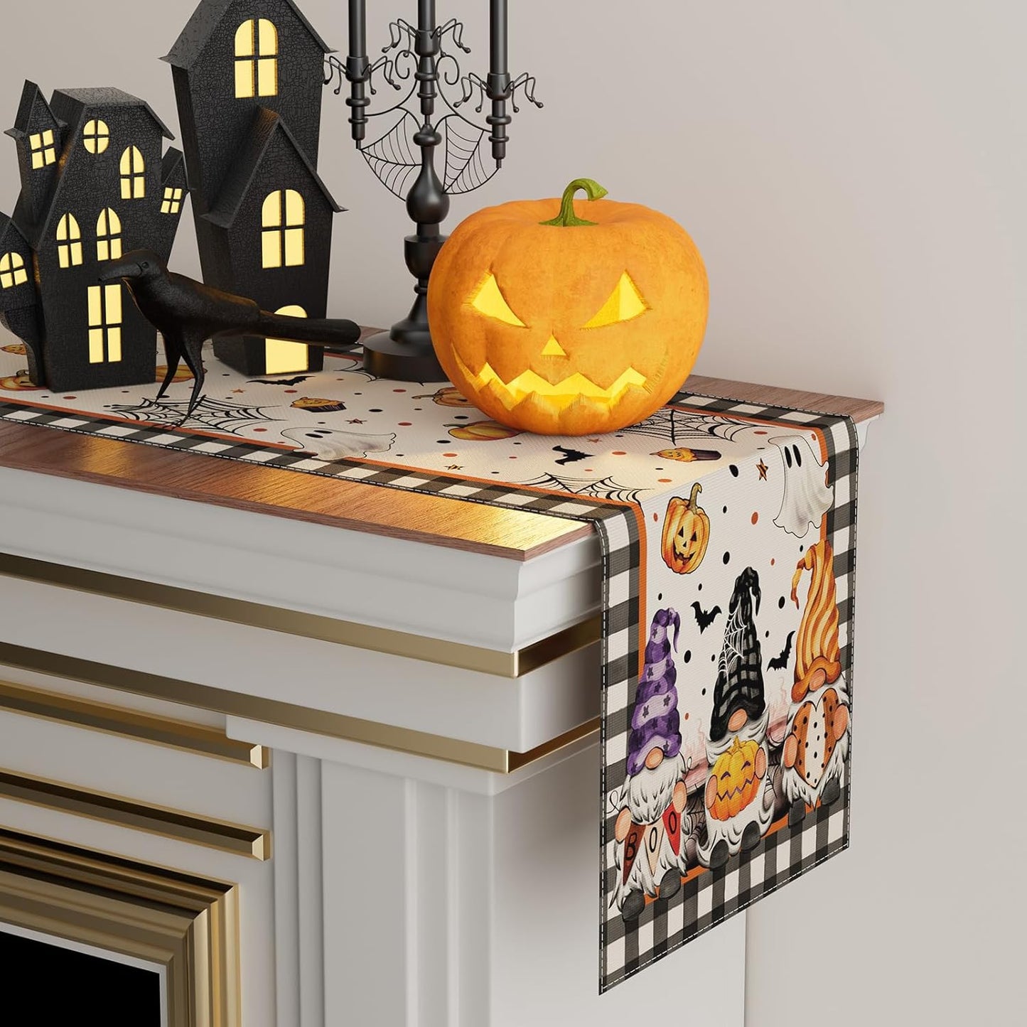 XCHI Spooky Boo Plaid Gnome Halloween Table Runner Party Table Decoration for Home Kitchen Dining Holiday Decor 13x36 Inch
