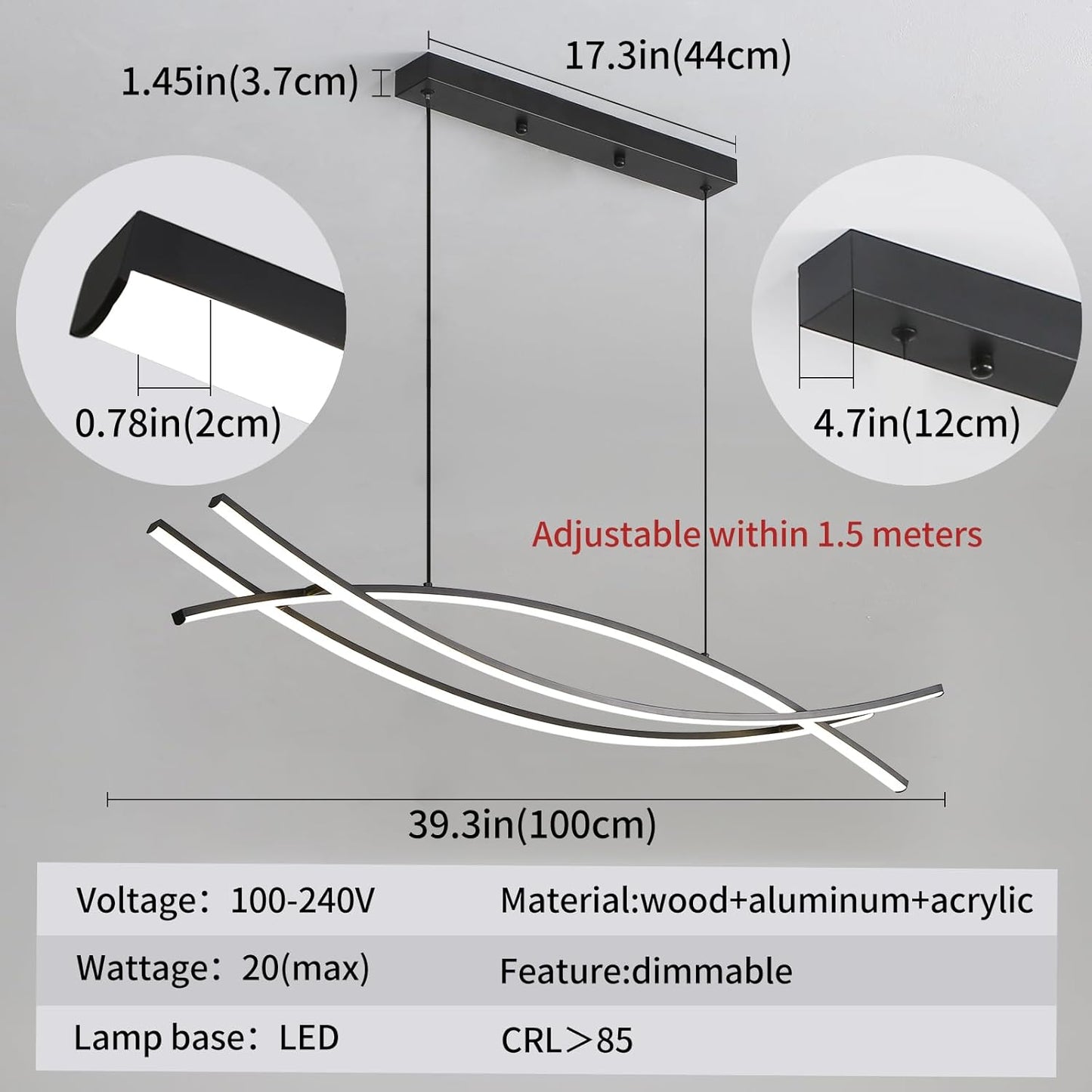 Pendant Light, Linear Pendant Light LED Dimmable Hanging Light Fixture, LED Modern Curved Chandelier, Chandeliers for Dining Room