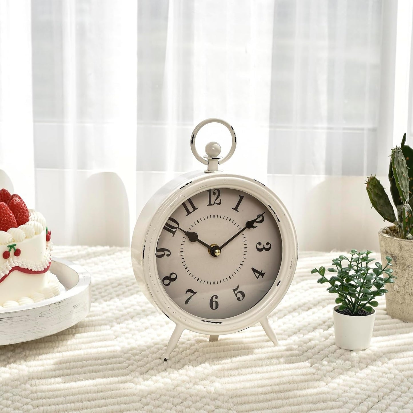 Vintage Rustic White Table Clock on Stand, Decorative Desk & Shelf Clock, Rustic Mantel Farmhouse Non-Ticking