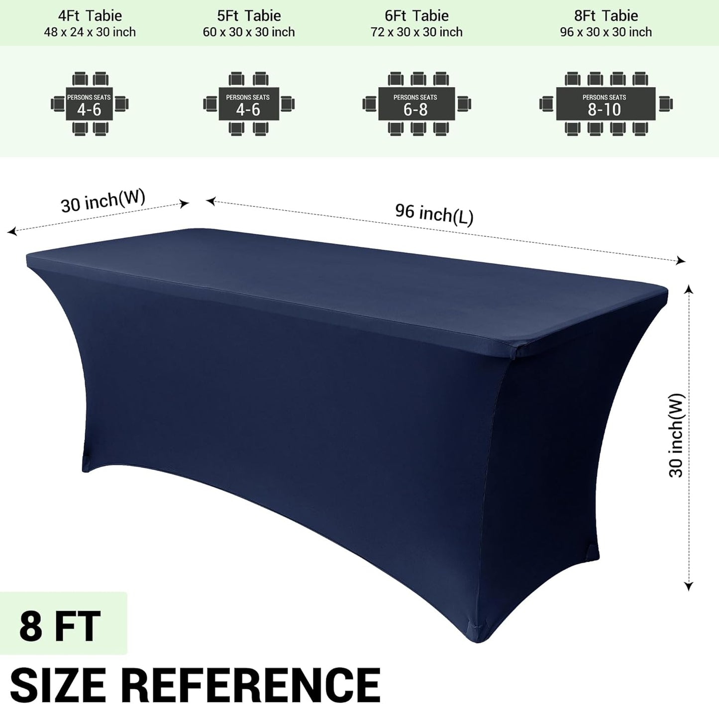 Obstal 8Ft Stretch Spandex Table Cover for Standard Folding Tables - 2 Pack Universal Rectangular Fitted Tablecloth for Party, Banquet, Events, Trade Show (Navy Blue, 96L x 30W x 30H Inches)