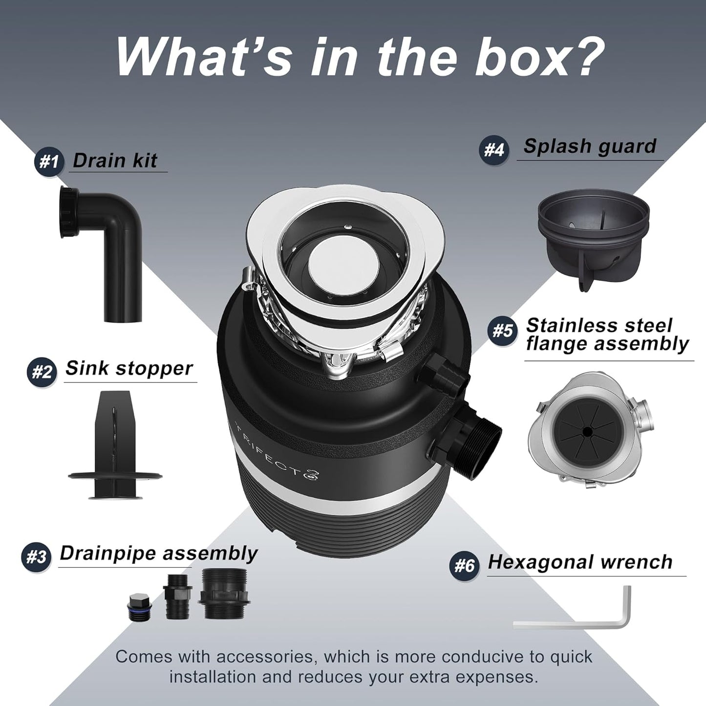 Trifecte Series 1 HP Continuous Feed Garbage Disposal with Sound Reduction, Power Cord, Stainless steel Flange,Splash Guard, Wrench Included, Black