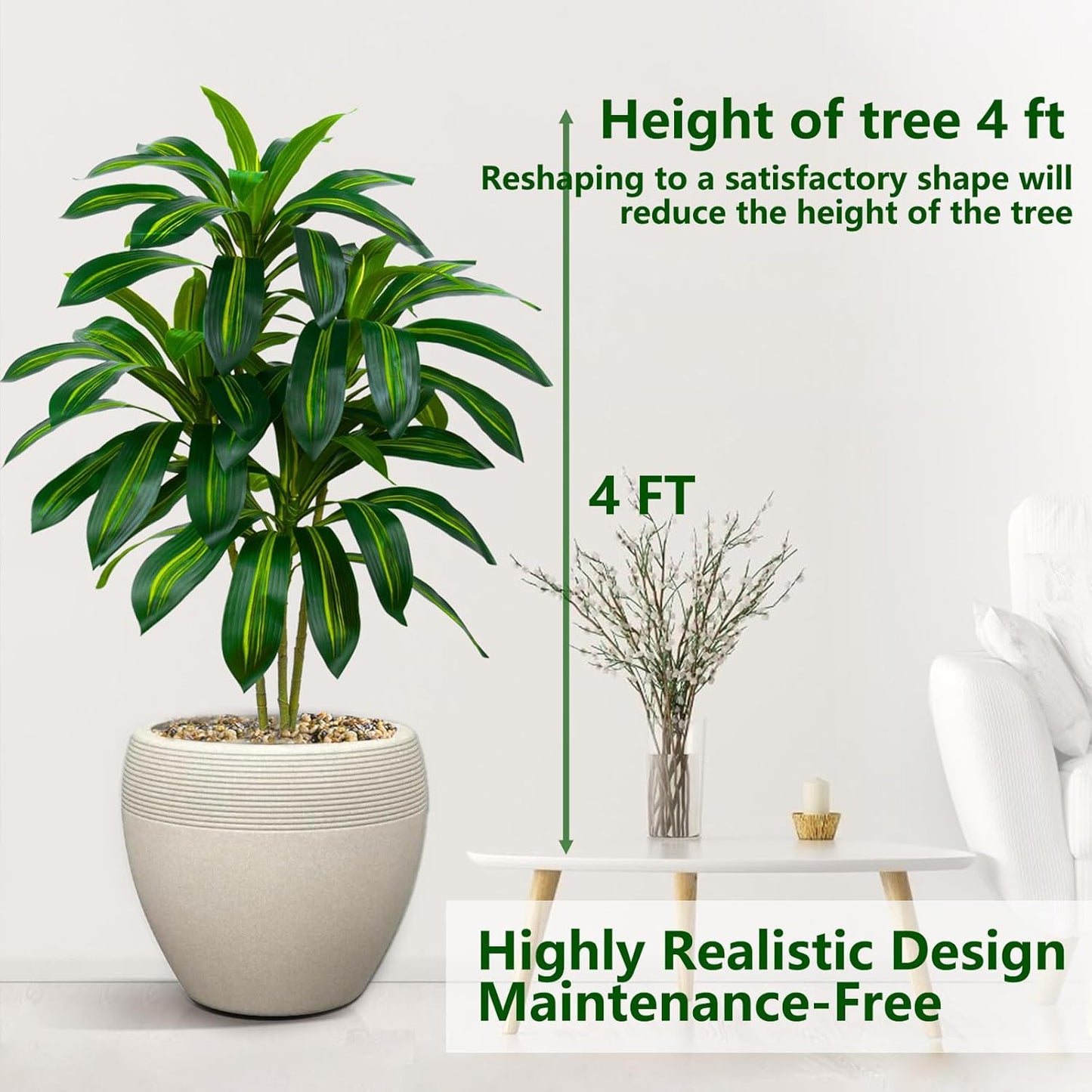Artificial Dracaena Tree Artificial Silk Tree Faux Tree with White Tall Planter Fake Tropical Yucca Floor Plant (2, White Planter, 4 FT)