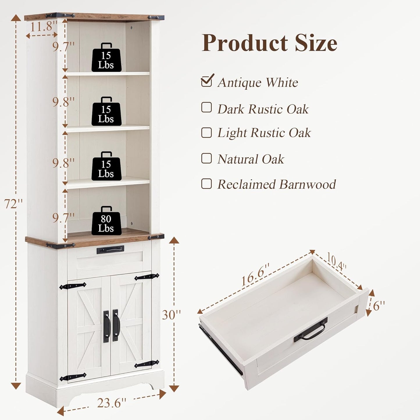 RedLemon Bookshelf with Storage Cabinet, 72" Tall Farmhouse Bookcase with Adjustable Shelves and Barn Door, 4 Tier Office Wood Bookshelf with Drawer for Office Library Living Room (Antuique White)