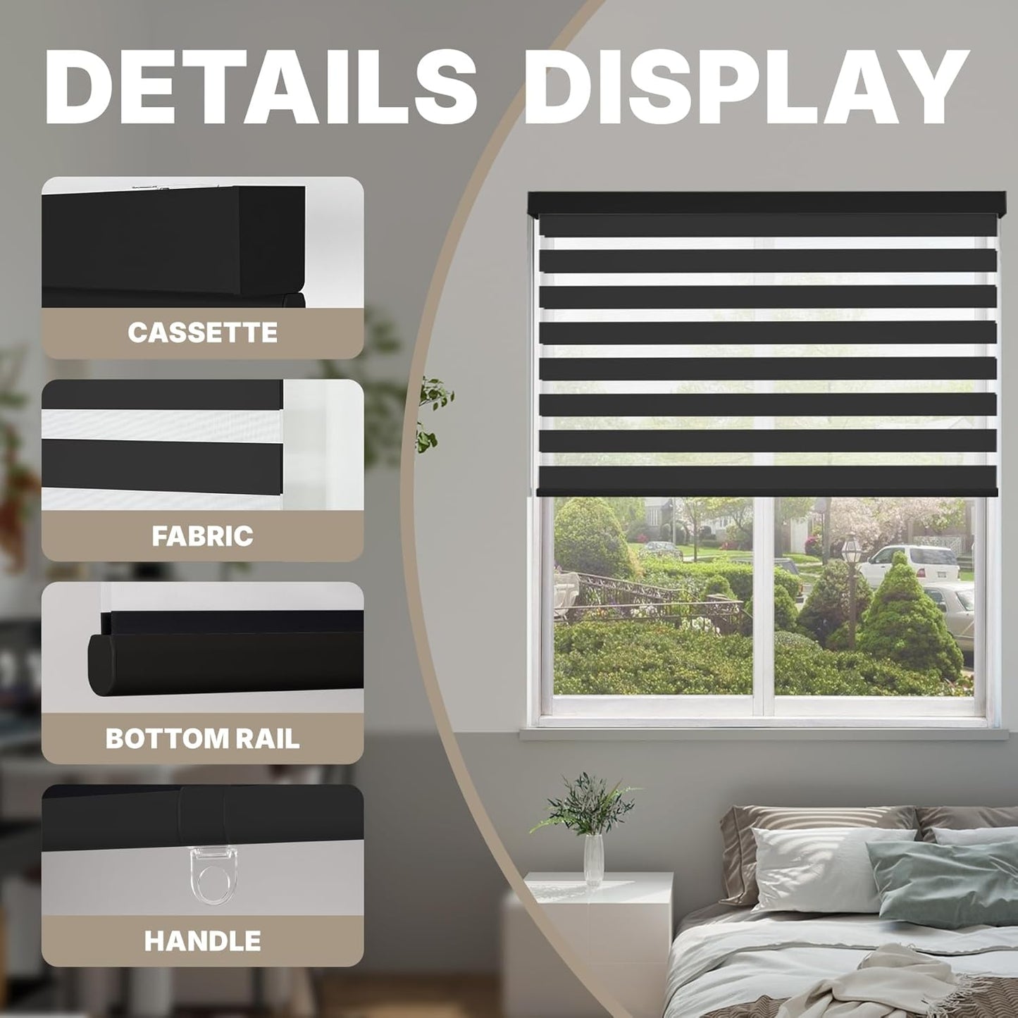 HESTIA Cordless Zebra Blinds Light Filtering Roller Shades UV Blocking Blackout Privacy Indoor Window Shades for Home Office Day and Night, Black,42" W x 54" H