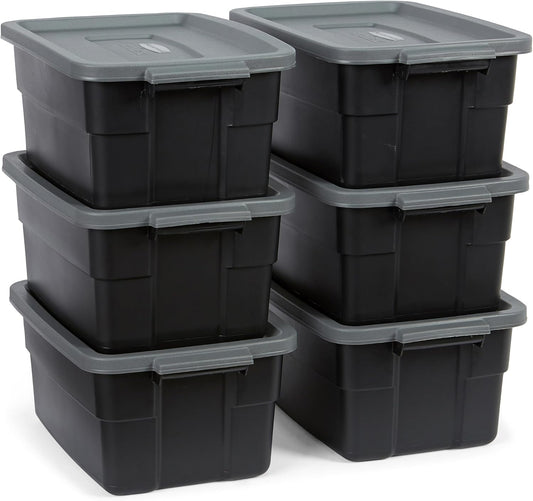 Rubbermaid Roughneck Tote 3 Gal, 6 Pack, Made in USA, Black & Gray, Rugged Plastic Stackable Storage Bins with Lids and Handles