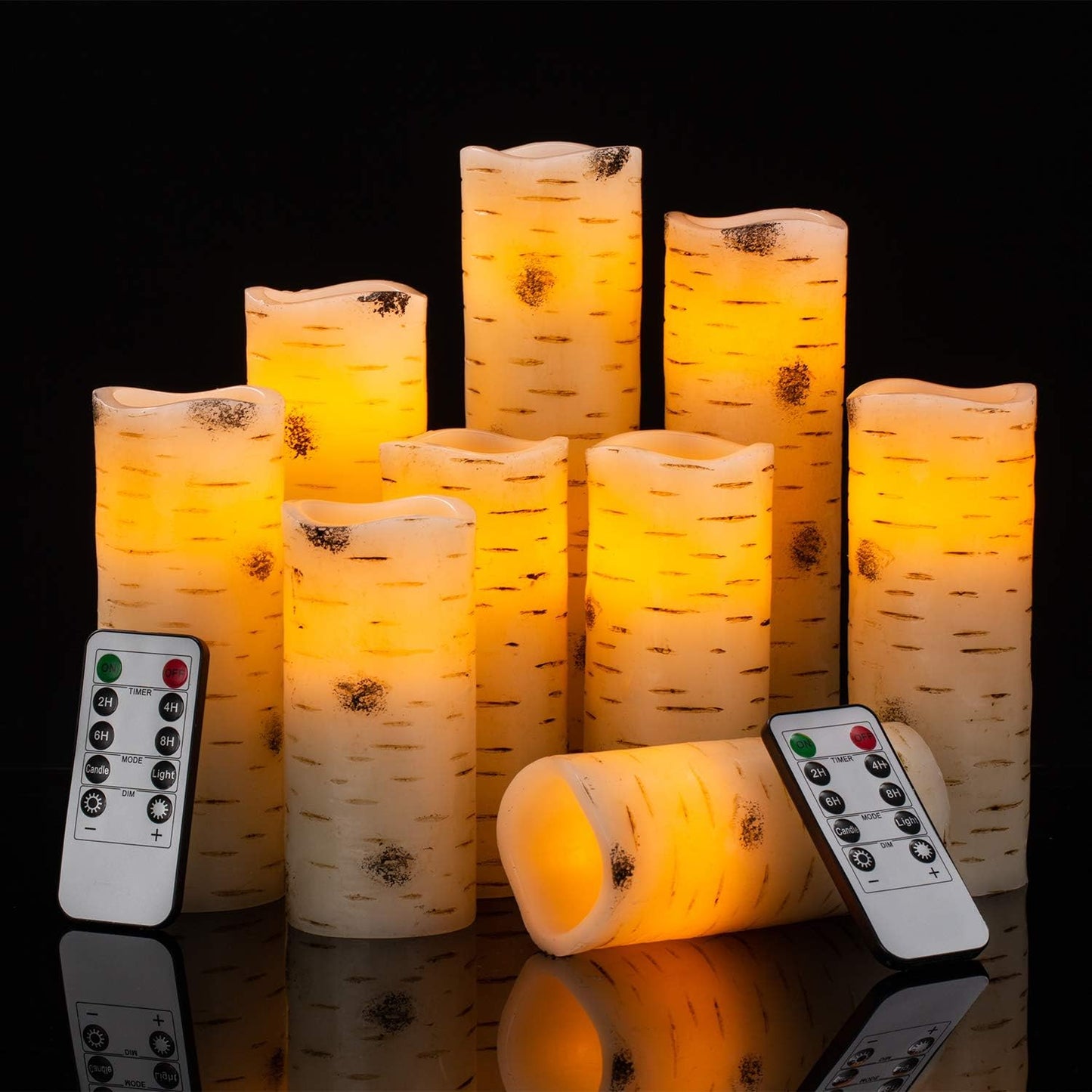Flameless Flickering LED Candles with Birch Bark Effect - Set of 9 Battery-Operated Real Wax Pillar Candles with 10-Key Remote Control - 2/4/6/8 Hour Timer