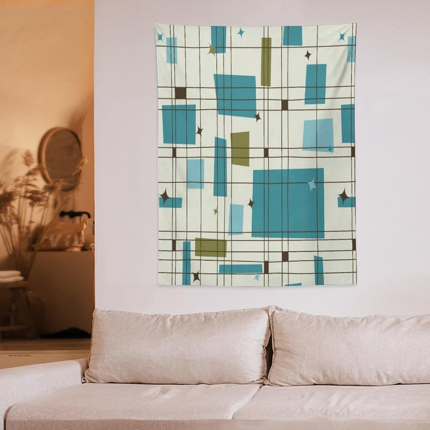 ICMOLYYENLO Boho Medieval Cat Tapestry, Abstract Atomic Starburst Geometric Aesthetic Art Wall Hanging For Bedroom Living Room Dormitory 60x80 Inches