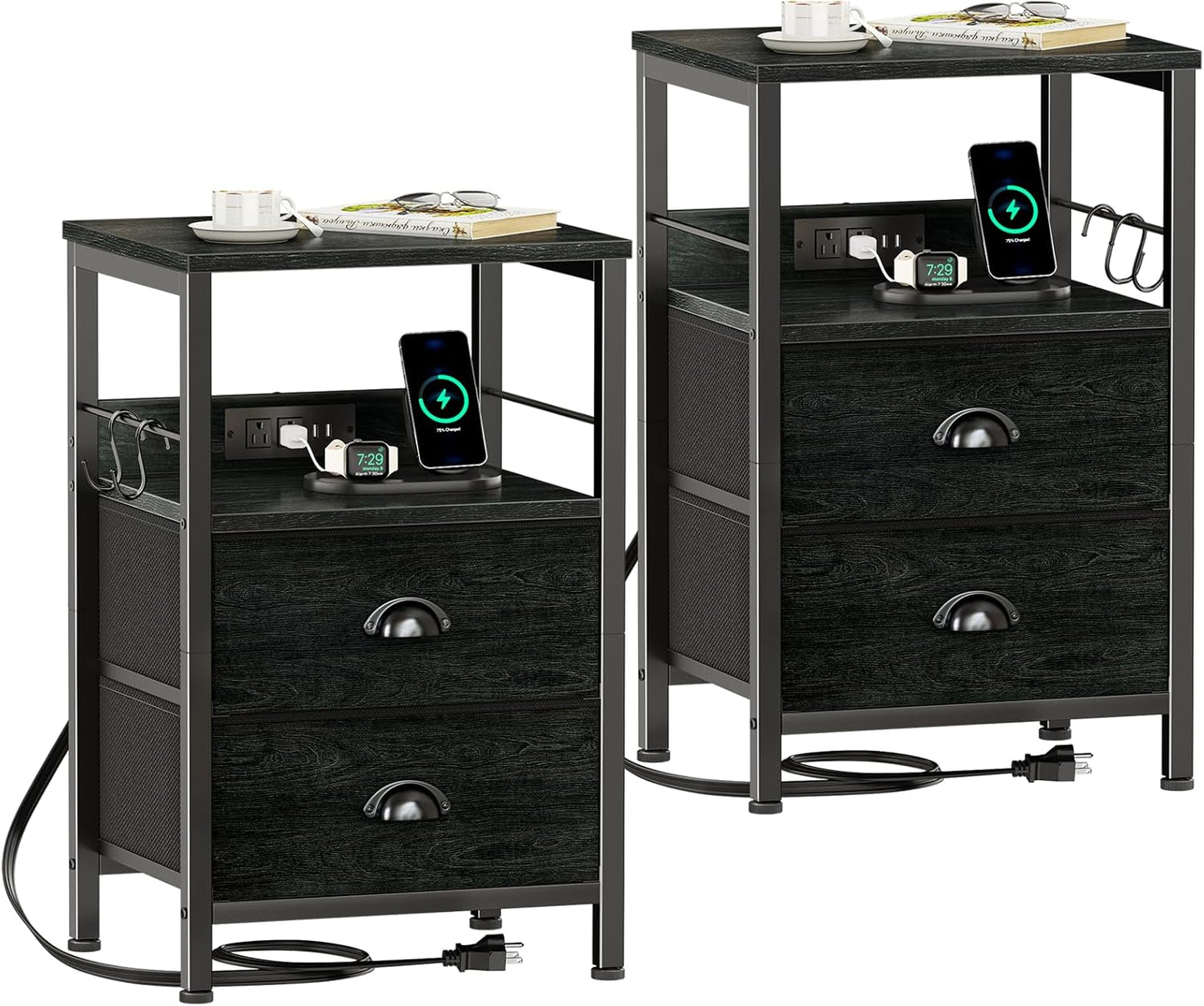 Furologee Nightstand Set of 2, Black Oak, with Charging Station and USB Ports, Side Tables with 2 Fabric Drawers, Bedside Tables with Storage Shelf & Hooks, for Living Room/Bedroom