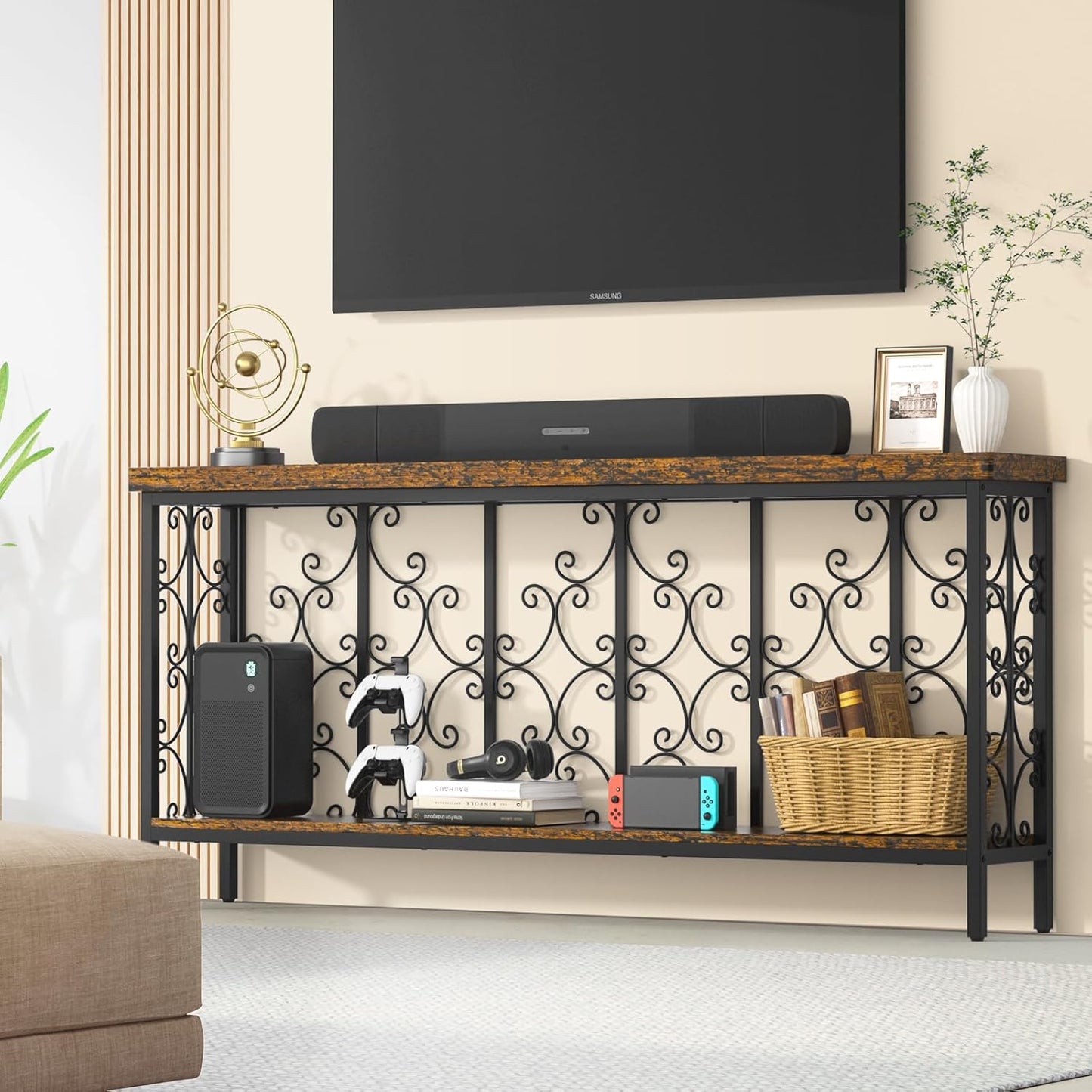 ikkle 70.9" Extra Long Console Table, Industrial Narrow Sofa Table Behind Couch with 2 Tier Storage Shelf, Entryway Hallway Accent Table for Living Room, Foyer, Rustic Brown