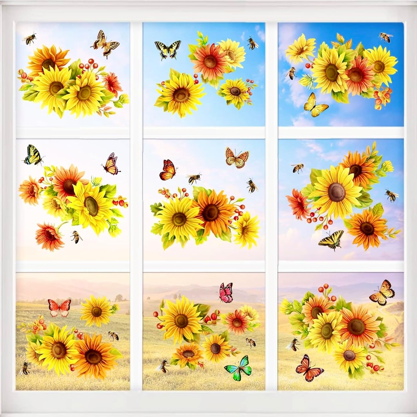 Sunflower Butterfly Window Clings Fall Window Decorations | Large-Size Clings for Glass Double-Sides Window Stickers for Glass Home Bedroom Nursery Room Windo Decals 44 Pcs in Total