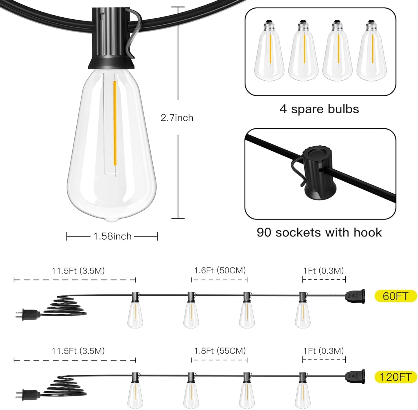 OHLUX Exterior Hanging Lights,180FT Connectable Outside Patio Lights with 94 Shatterproof ST38 LED Vintage Bulbs,2200K Connectable & Waterproof for Deck Porch Bistro Gazebos Balcony Pool(120FT+60FT)