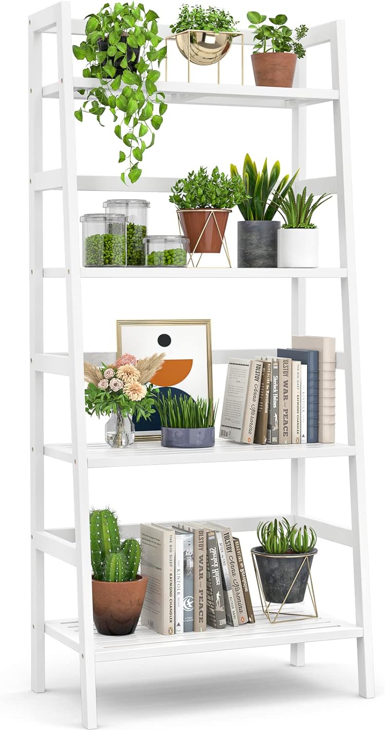 Homykic Bamboo White Bookshelf 4-Tier Ladder Shelf, 49.2” Freestanding Open Bookcase Book Shelf Bathroom Storage Shelf Unit Plant Stand for Small Space, Bedroom, Living Room, Home Office