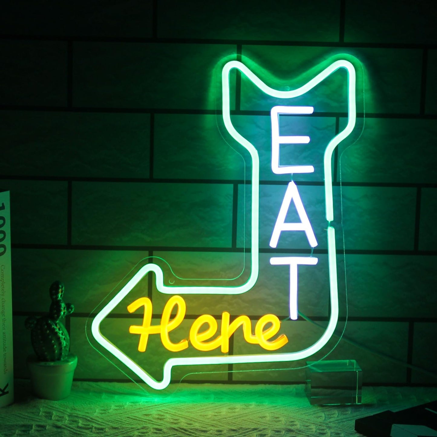 Eat Here Neon Sign Kitchen Neon Signs for Wall Decor with Arrow Guidance Green Orange White Eat Dimmable LED Sign Diner Neon Signs for Wall Bar Restaurant Kitchen Man Cave Decor
