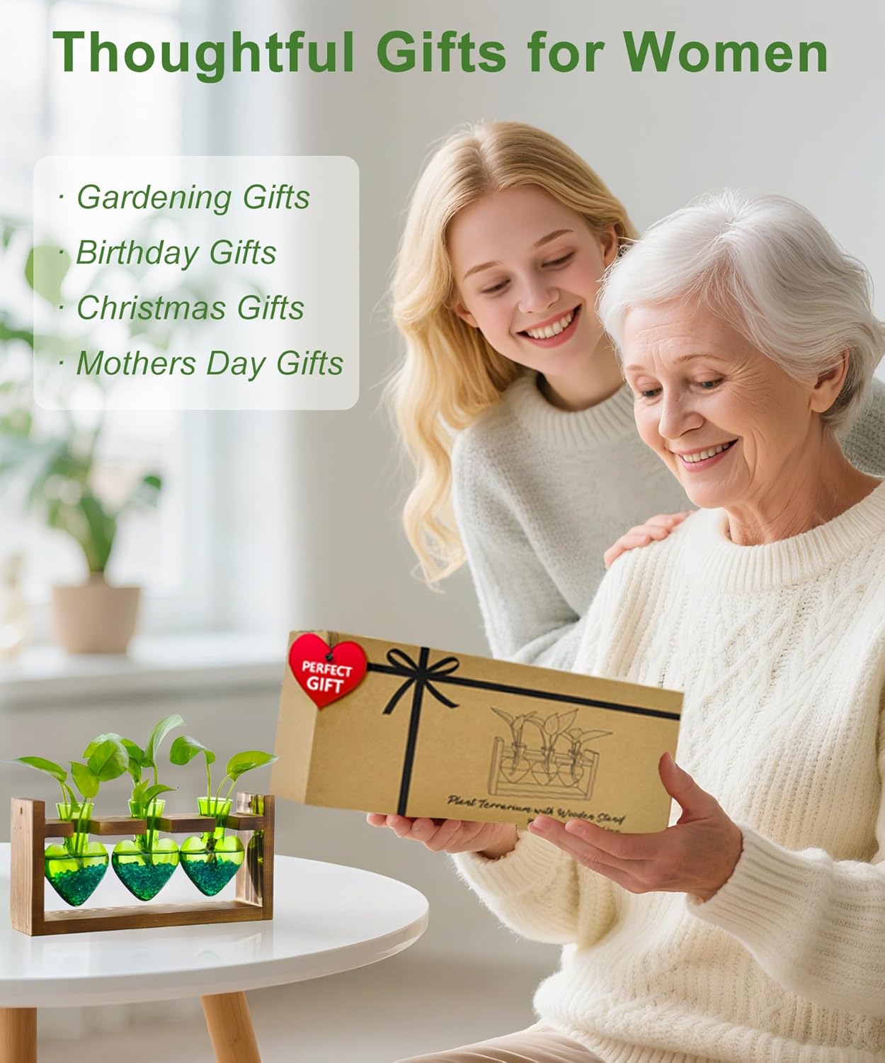 Nacome Plant Terrarium for Office Decor: Birthday Gifts for Plant Lovers Women Mom Wife - Wooden Stand Tabletop Planter 3 Bulb Glass Vase Heart Shaped for Hydroponics Indoor Home(Green)