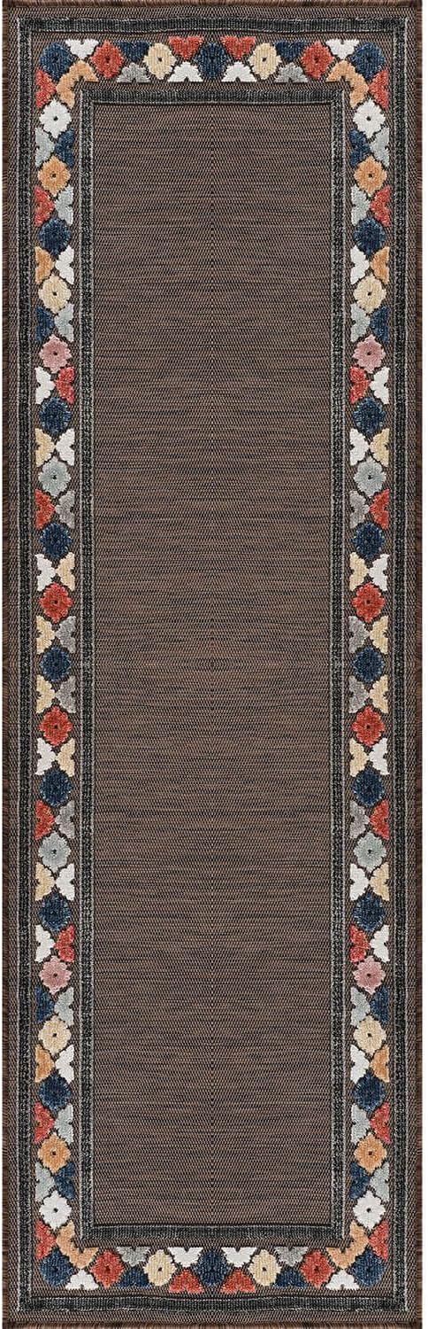 Beverly Rug Outdoor Runner Rug 2x7 Modern Floral Bordered Area Rugs for Indoor and Outdoor Patio Easy to Clean Non Shedding Living Room Porch Garden Washable Outside Carpet (2 x 7 Brown)