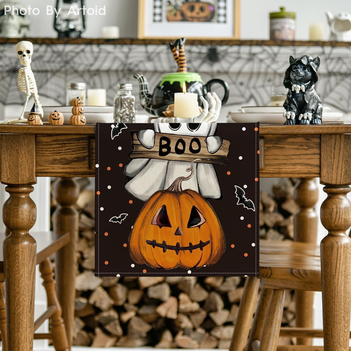 Artoid Mode Polka Dot Ghost Pumpkin Cat Boo Halloween Table Runner, Bat Seasonal Fall Kitchen Dining Table Decoration for Home Party Decor 13x120 Inch