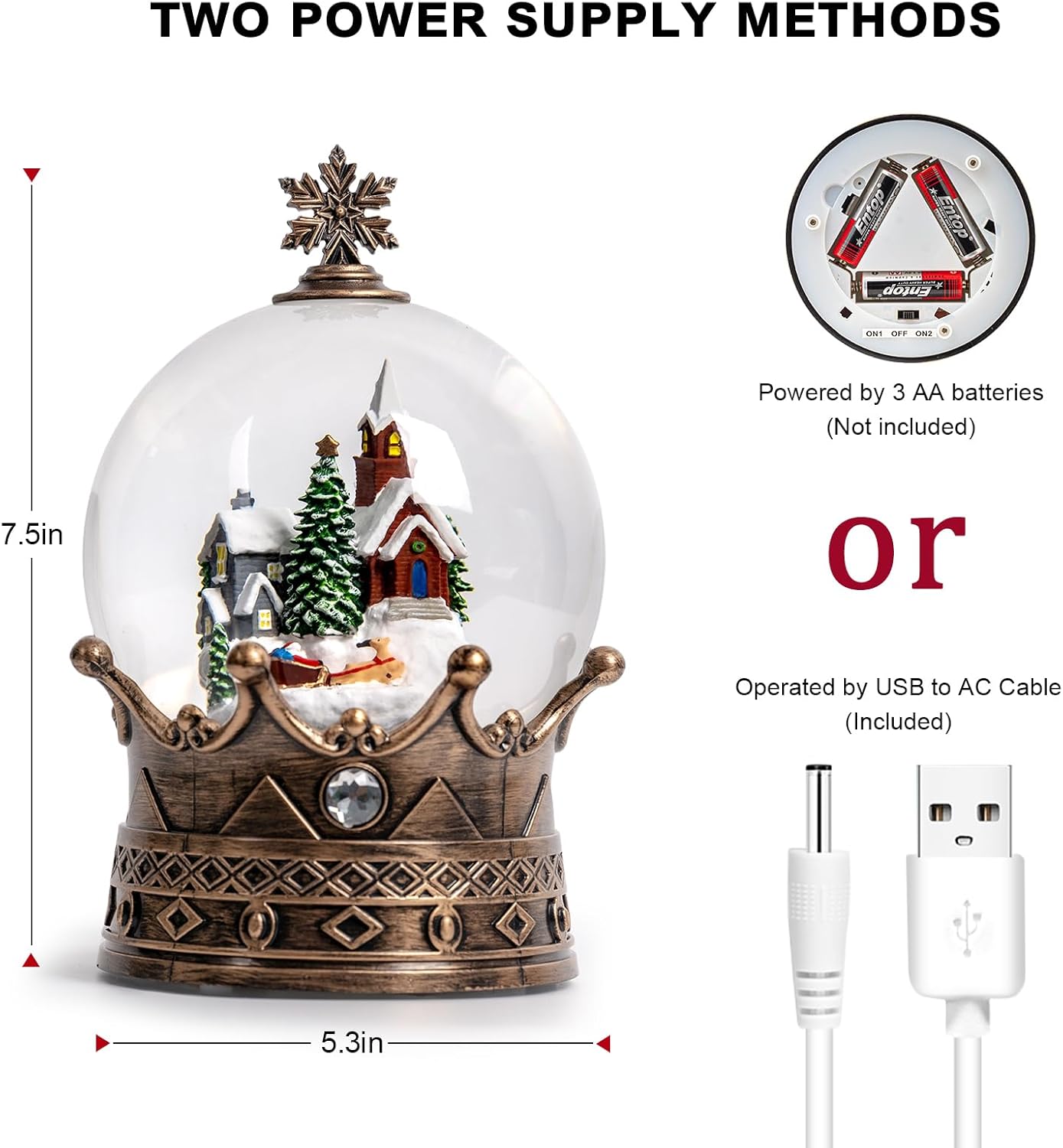 Christmas Snow Globe Lantern Water Glittering Village & Santa Crown with Music, USB Lined/Battery Operated Lighted Lantern for Christmas Festival Decoration Gifts