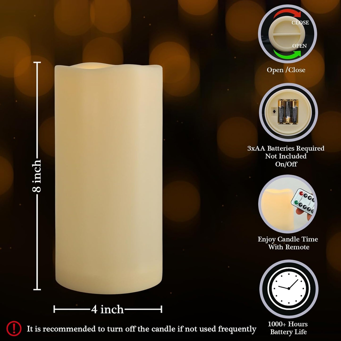 4" x 8" Waterproof Outdoor Flameless Candles with Remote and Timer, Battery Operated LED Flickering Plastic Pillar Candles for Lantern, Wedding, Porch, Ivory, Pack of 1