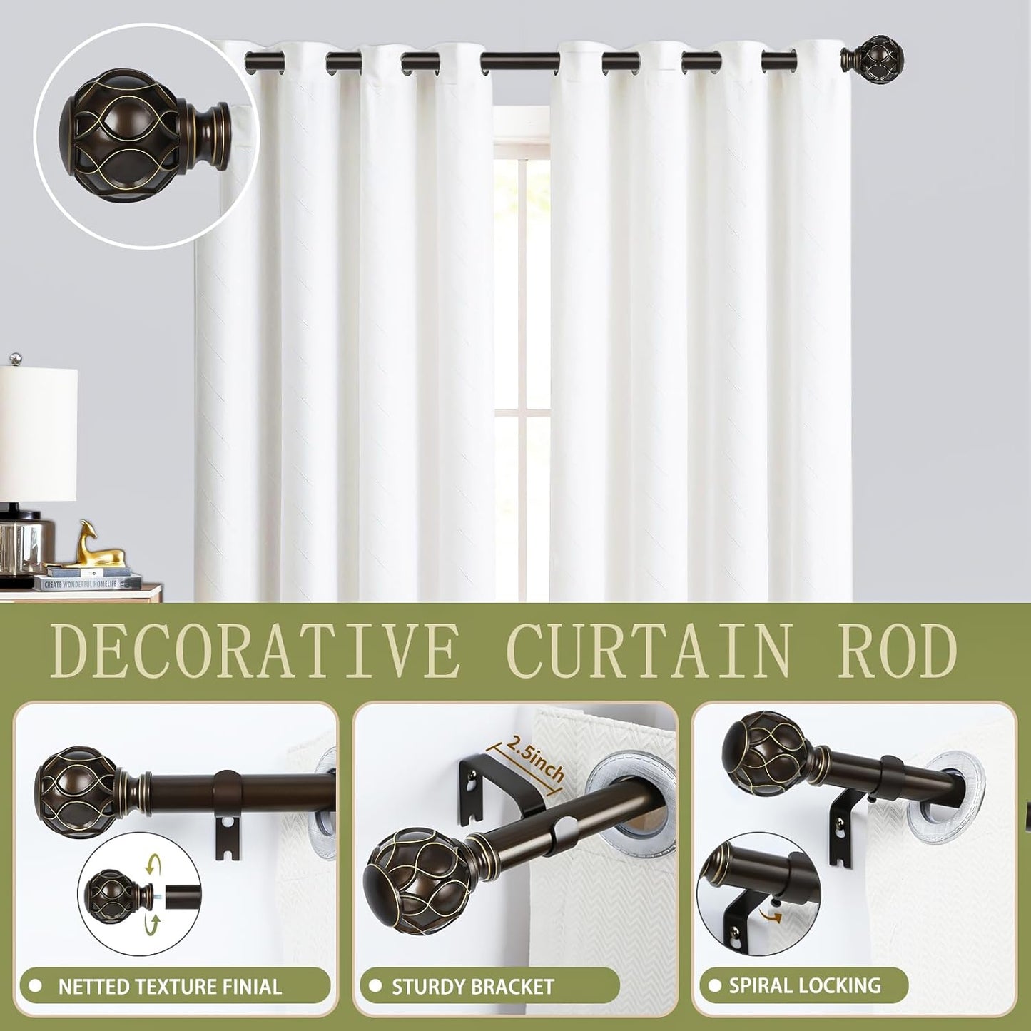 Bronze Farmhouse Curtain Rods for Windows:36-88 Inch Heavy Duty Adjustable Curtain Rod for Bedroom Living Room,Boho Decorative Rustic Drapery Rods with Vintage Coastal Finial,Antique Bronze