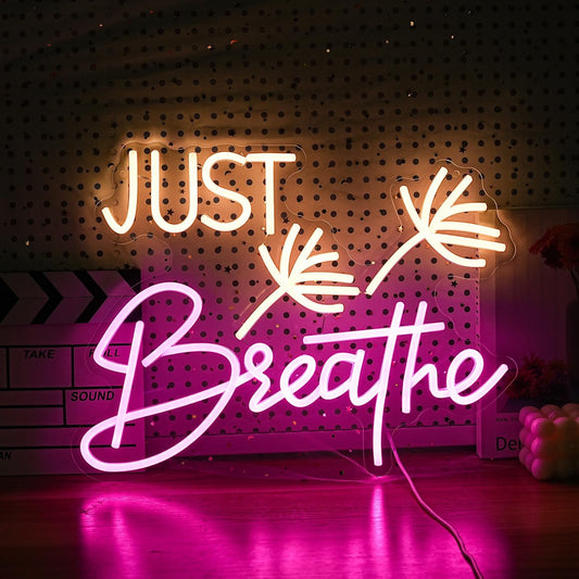 Just Breathe Neon Sign Dimmable Breathe Neon Signs Light Up Sign for Wall Decor LED Letters Neon Light by USB for Bedroom Yoga Studio Gym Reading Room(12.6 * 16.5In)