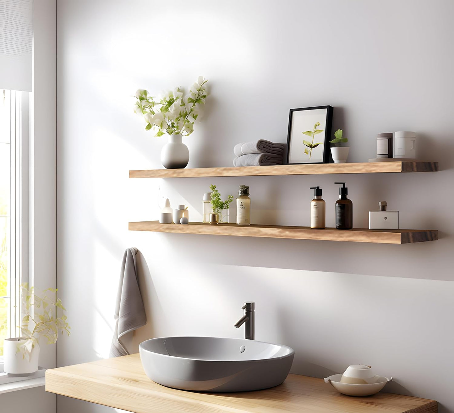 Wood Floating Shelves for Wall Decor, Rustic Wall Shelves for Bedroom Bathroom Kitchen Living Room, Set of 4 Light Walnut 48 Inch