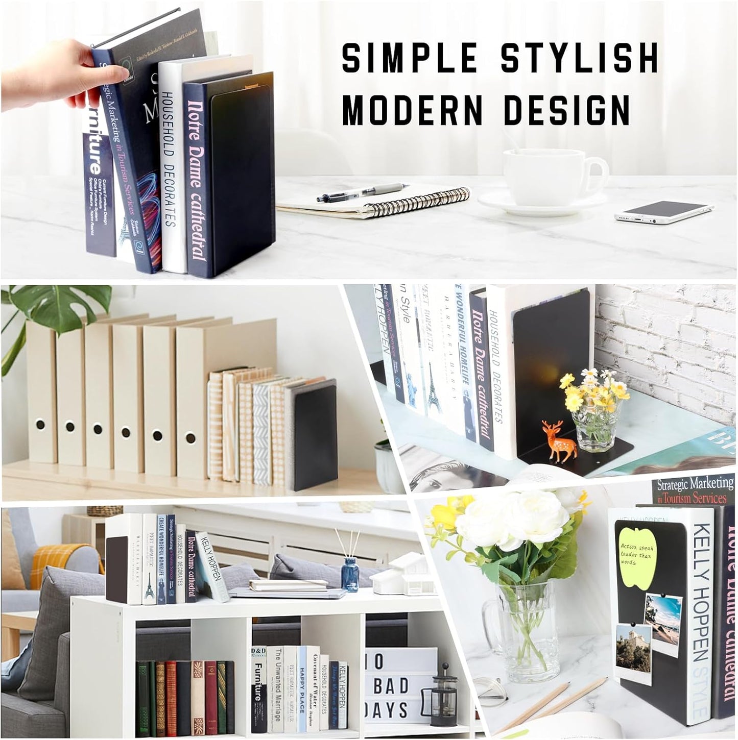 VONDERSO Metal Bookends, 4 Pairs Black Metal Book Ends Heavy Duty for Shelves Decor Home Office, Unique Black Bookends Supports Anti-Slip for Kids