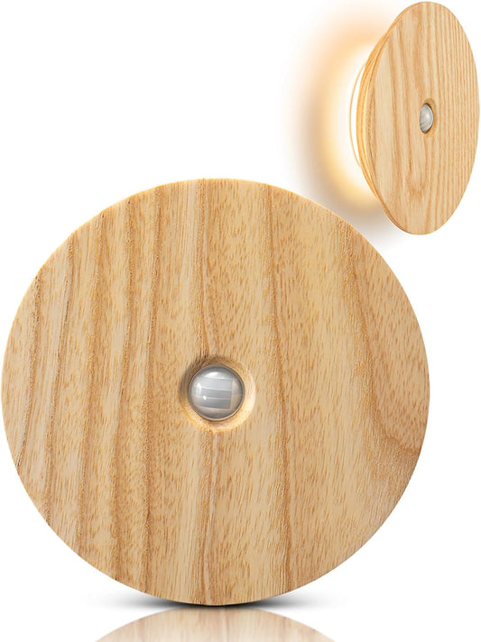 Motion Sensor Night Light Wood Rechargeable Battery-Powered Stick-On Step Lights Magnetic Closet Lights Warm Nightlight for Hallway Bedroom Stair (Ash Wood)