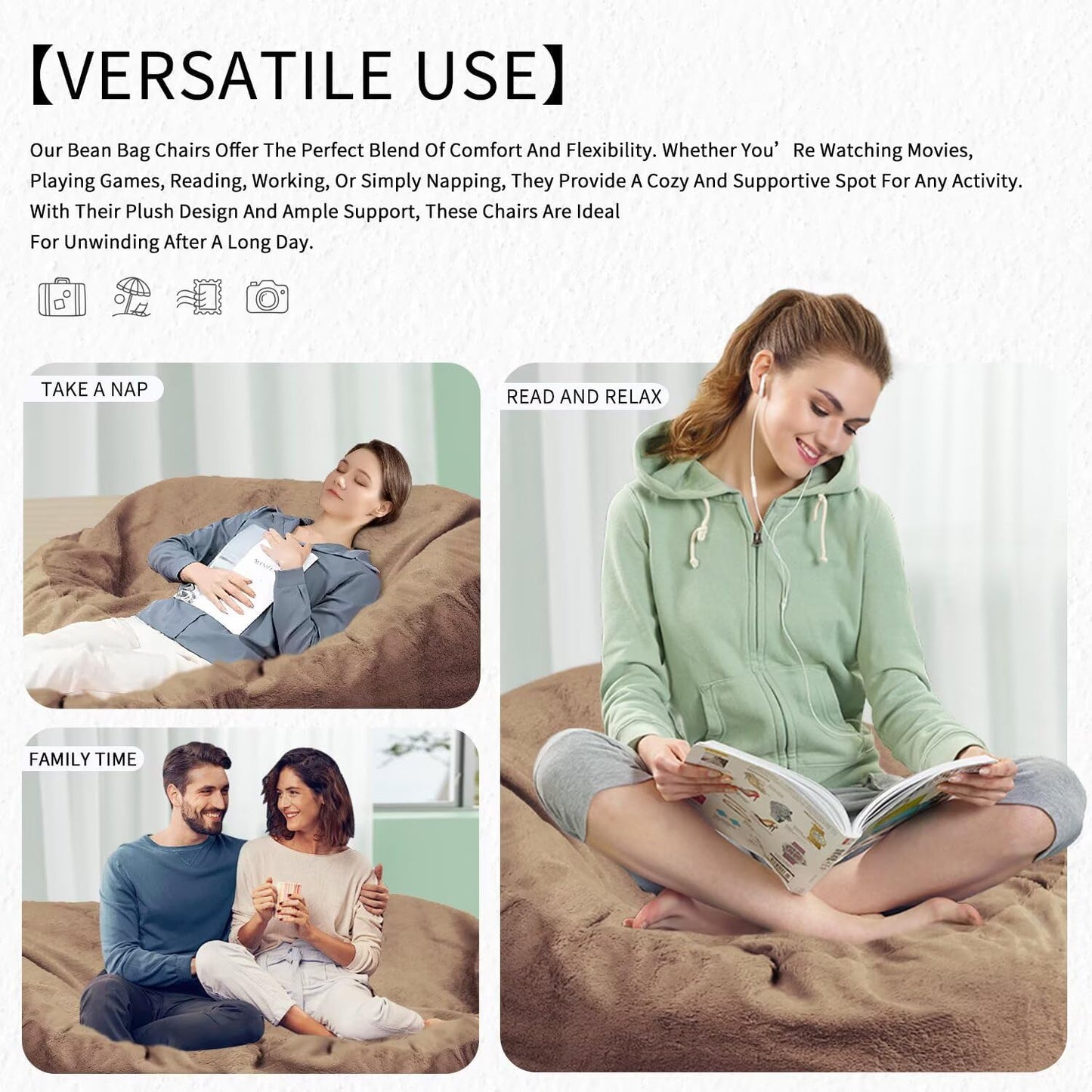 Bean Bag Chair for Adults 4FT,Soft Removable Cover for Teens/Girls Bedroom,Fluffy Giant Round Floor Beanbag Lounger Chairs (No Filler,Tan)