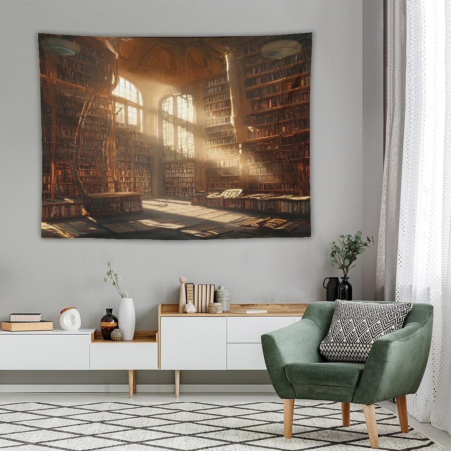 Kurtect Retro Bookshelf Tapestry,Medieval Mid Century Library Building Pattern Print Tapestries for Party Beach Picnic Blankets Tablecloths Living Room Wall Deocr, 60x80 in