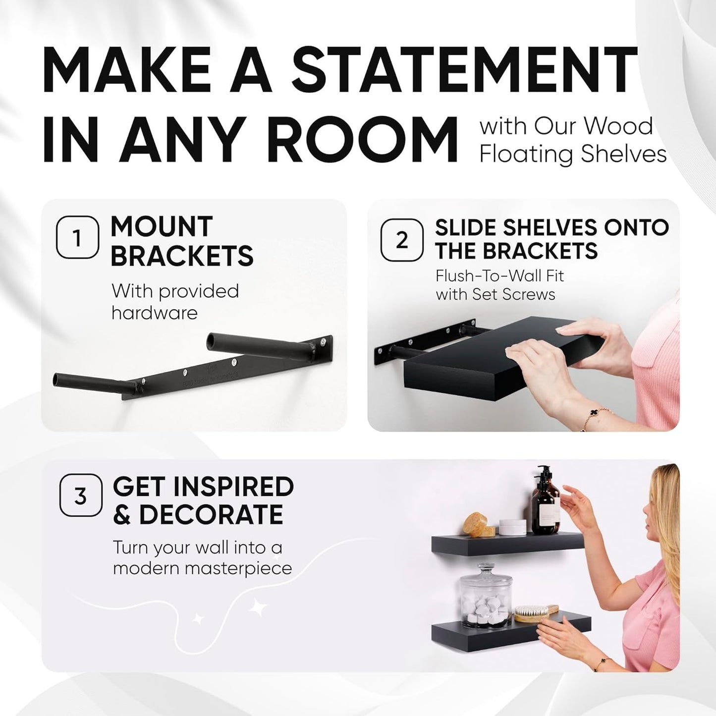 Homeforia Black Floating Shelves 24 inch, High End Solid Real Wood 24inch Bathroom Floating Shelf for Wall Mounted, Black Wooden 24in Floating Shelves, Heavy Duty Bracket, 24 X 6.5 X 1.75 in, Set of 2