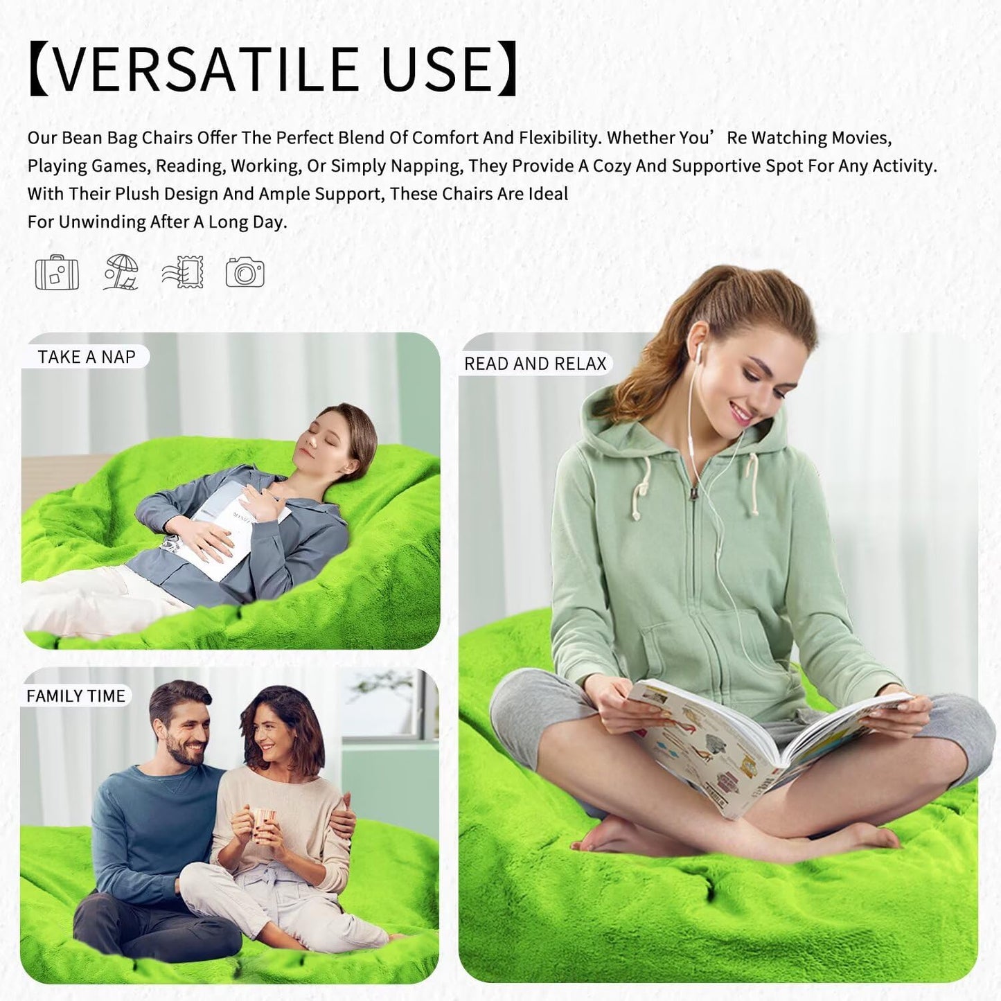 Bean Bag Chair for Adults 6FT,Soft Removable Cover for Teens/Girls Bedroom,Fluffy Giant Round Floor Beanbag Lounger Chairs (No Filler,Green)