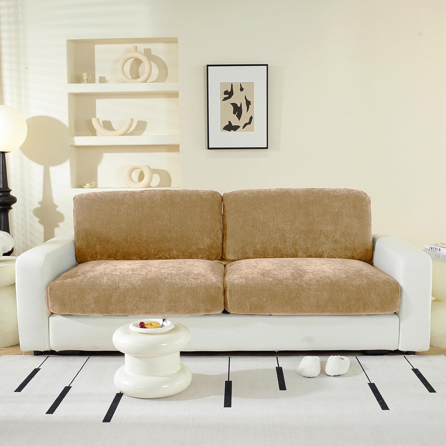 Couch Cushion Covers Individual Large Super Stretch Chenille (Softer Version) Sofa Cushion Covers, Couch Seat Covers Couch Slipcovers Furniture Protector (2PC, Khaki)