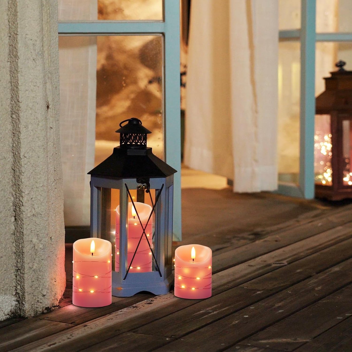 Homemory Flameless Candles with String Lights, 3 Pack Embedded Fairy String Lights LED Candles, Electric Flickering Candles with Remote Control and Timer, Real Wax, Pink