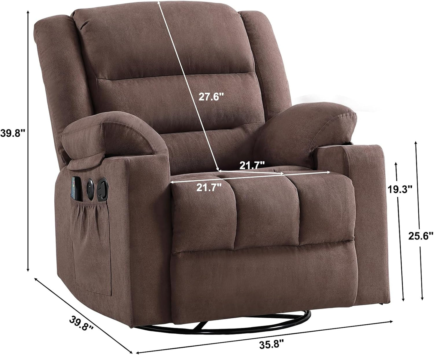 Rocker Recliner Chair with Heat and Massage, 360° Swivel Recliner Chairs for Adults, Heavy Duty Reclining Sofa Chair with USB Port Cup Holders Side Pockets for Living Room (Brown)