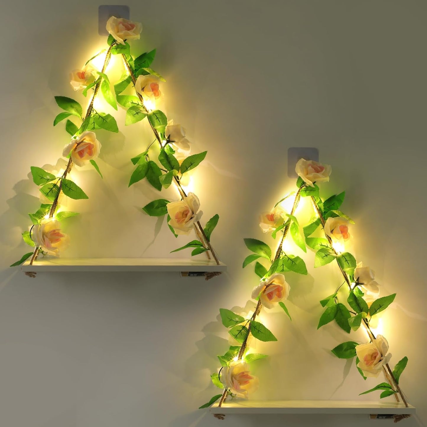 Floating Shelves for Wall,Plant Wall Decor,Hanging Shelf,Cottage Core Decor,Room Decor Aesthetic,Boho Room,Adhesive Shelves,Floating Shelves for No Drilling,Two-Piece Set(Champagne Flower)