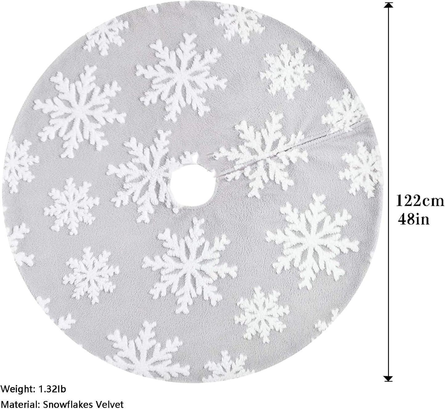 48inch Christmas Tree Skirt Tree Blanket, Large Luxury Soft Carpet 4ft Xmas Tree Blanket with 3D Large Snowflakes Grey Faux Fur Carpet for Christmas Holidays Decoration Party