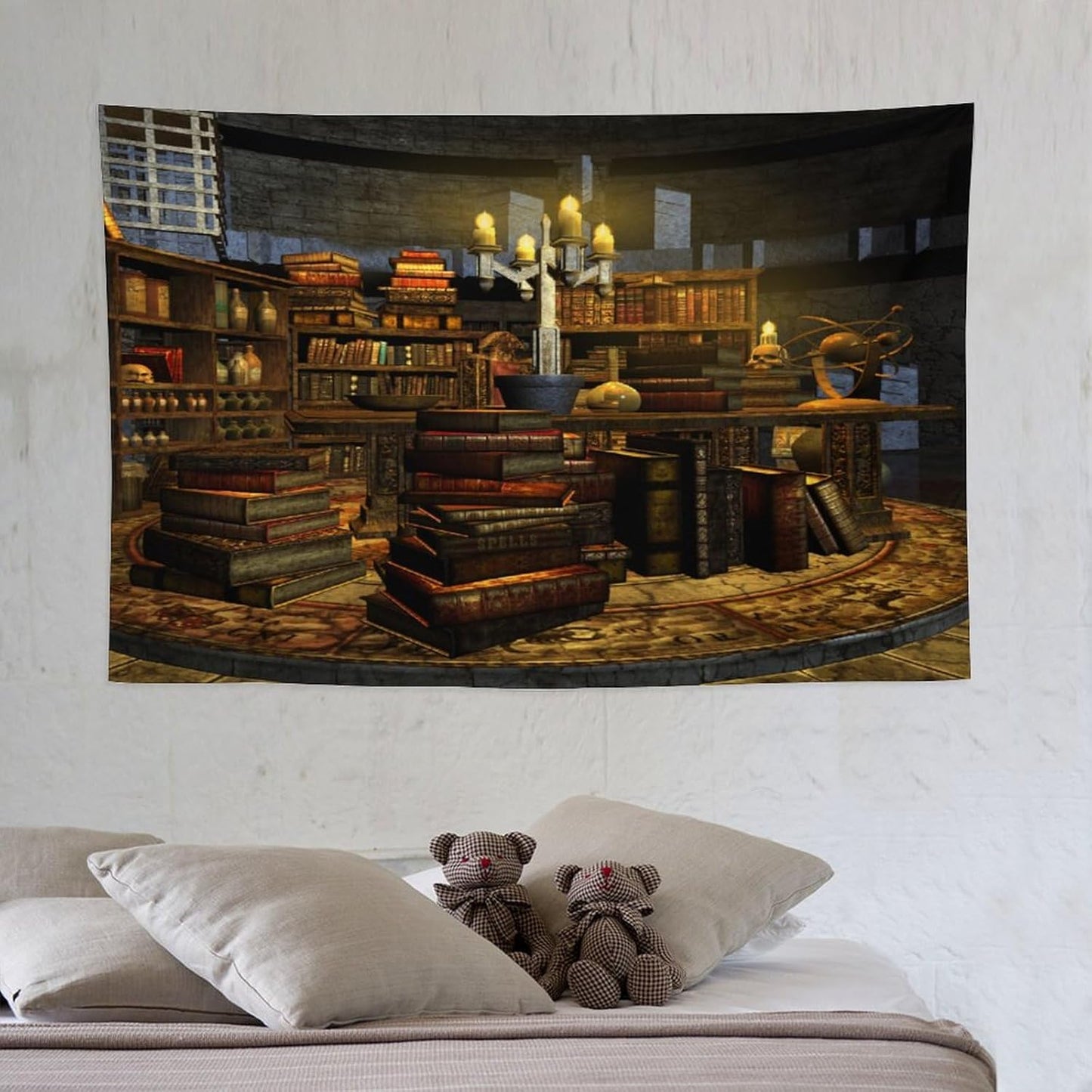 Kurtect Library Tapestry,Vintage Medieval Bookshelf Wooden Bookcase Antique Magic Art Tapestries for Party Beach Picnic Blankets Tablecloths Living Room Wall Deocr, 40x60 in