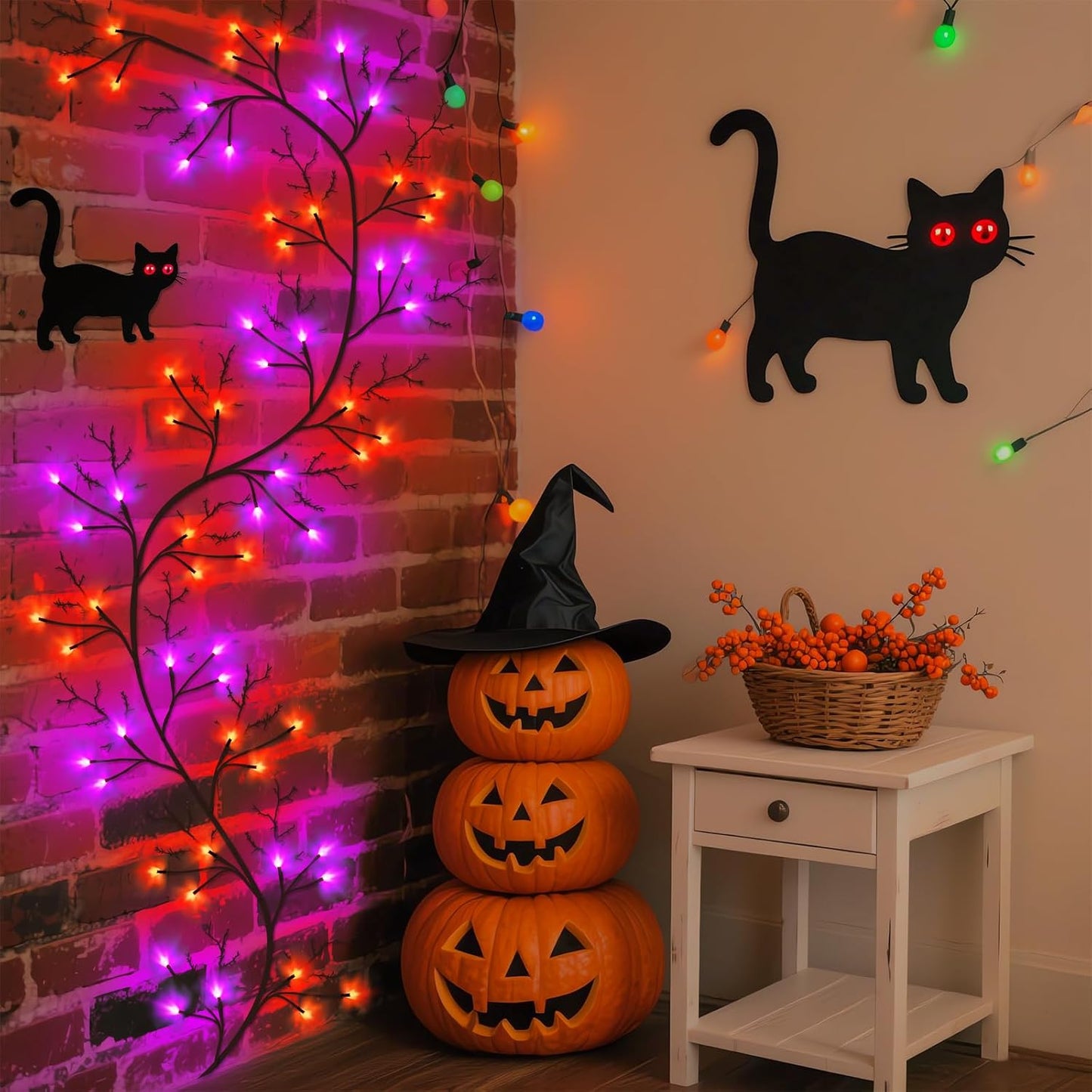 7 Ft Halloween Decorations Willow Vine Twig Garland with 8 Modes Timer 63 LED Orange Purple Lights, Halloween Garland with Waterproof Battery Operated for Wall Fireplace Decorations Indoor Outdoor